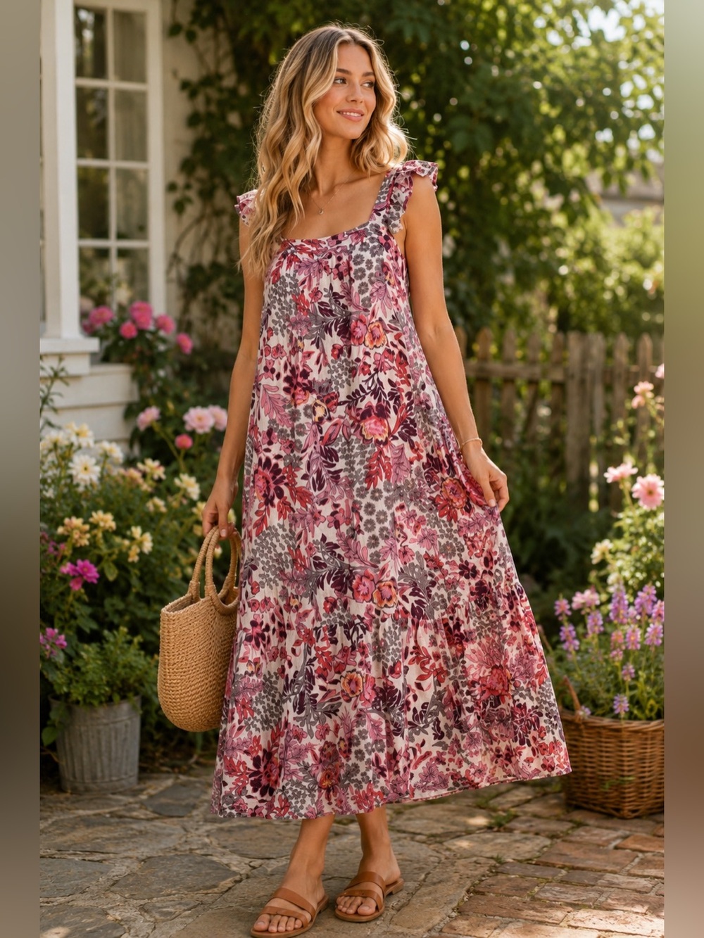 Knox Rose Floral Maxi Dress Small Pink Ruffle Strap Boho Cottagecore Sundress